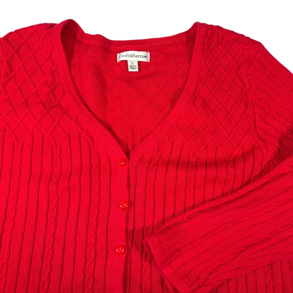 Croft & Barrow L Red Cardigan Cable Knit V-Neck Button Front Preppy Classic